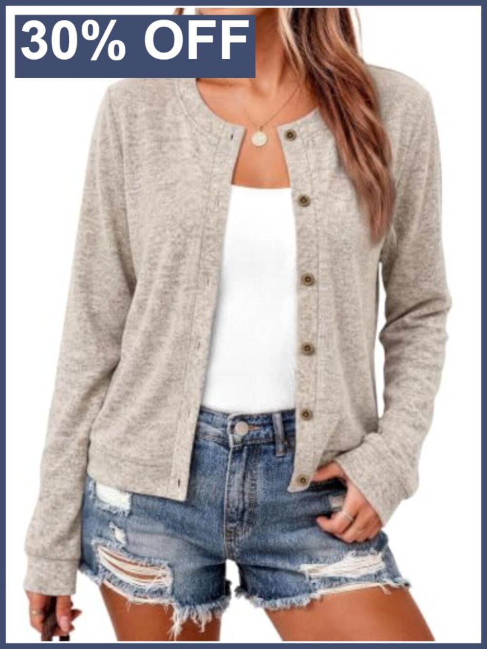 Lightweight Brushed Crew Neck Button Front Cardigan for Women